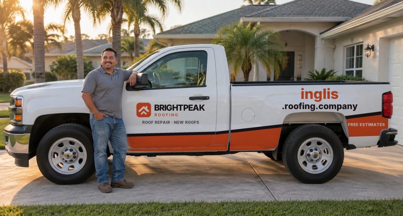inglis.roofing.company painted on the side of a white work truck